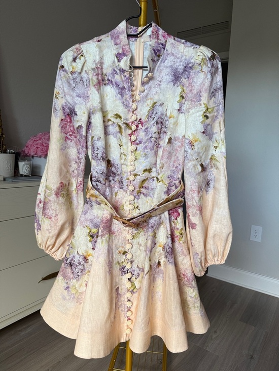 Zimmermann Lavender and Cream Floral Puff-Sleeve Mini Dress - Picture 2 of 5